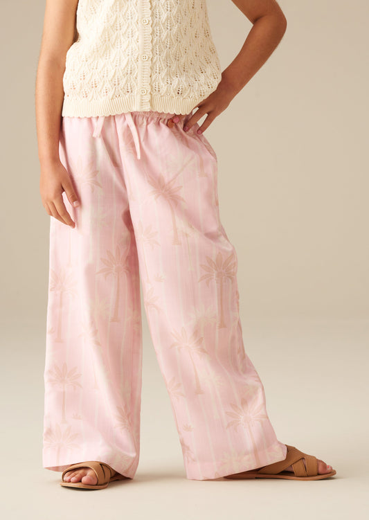 Girls Pink Palm Print Tie Waist Trousers | Angel & Rocket