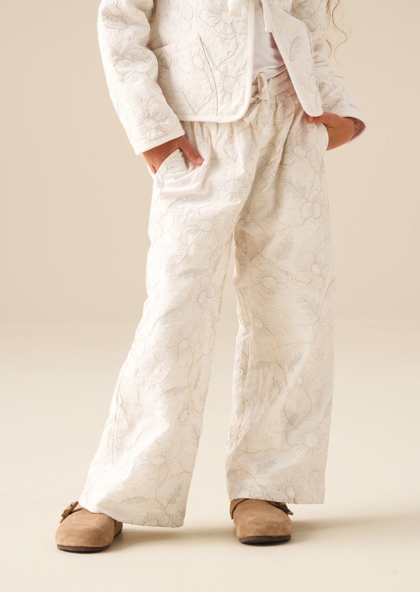 Girls Floral Embroidered Tie Waist Trousers | Angel & Rocket