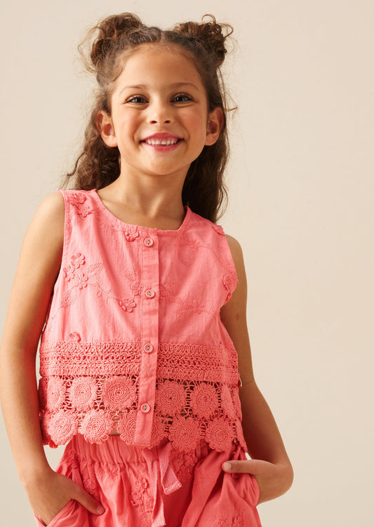Girls Floral Embroidered Crochet Hem Top | Angel & Rocket