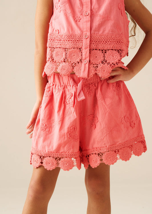 Girls Floral Embroidered Crochet Hem Shorts | Angel & Rocket