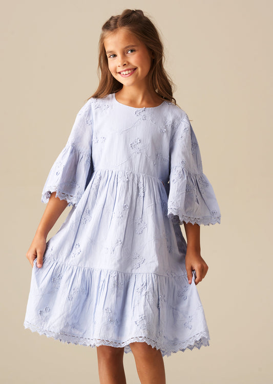 Girls Blue Dress with Embroidered Flowers | Angel & Rocket