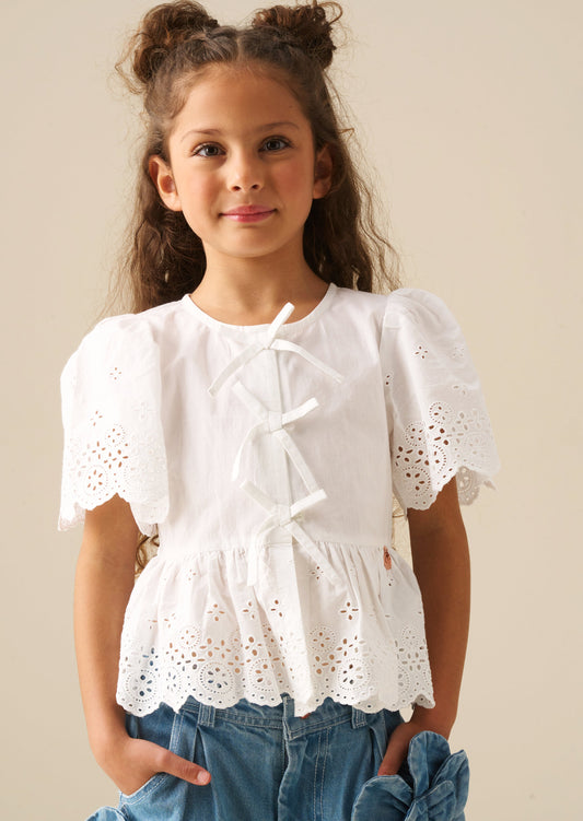 Girls White Broderie Tie Front Peplum Top | Angel & Rocket