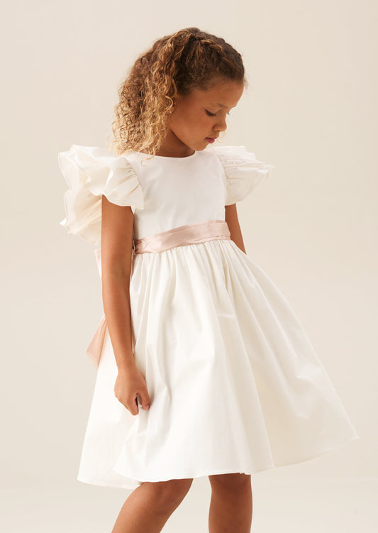 Ivory Taffeta Flower Girl Dress | Pink Sash | Angel & Rocket