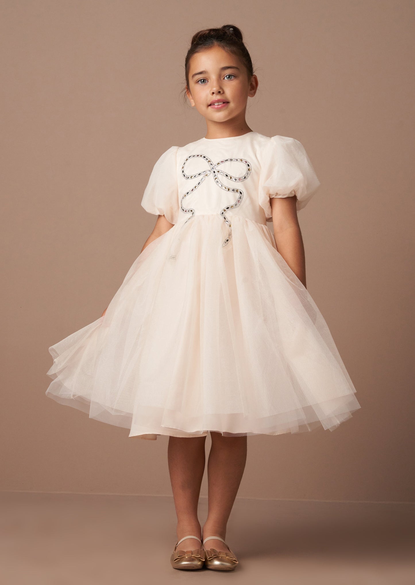 Girls Champagne Dress with Bow | Angel & Rocket