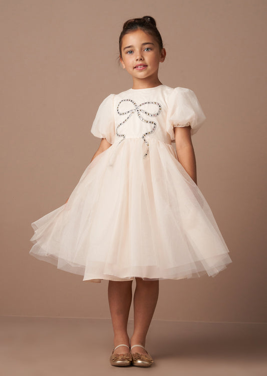 Girls Champagne Dress with Bow | Angel & Rocket