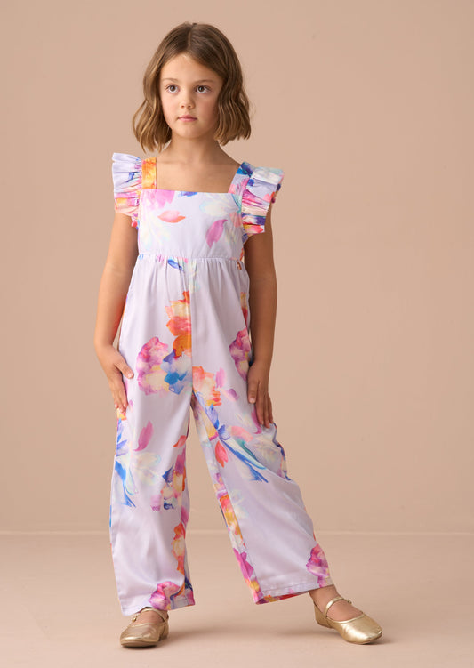Girls Purple Floral Print Satin Jumpsuit | Angel & Rocket