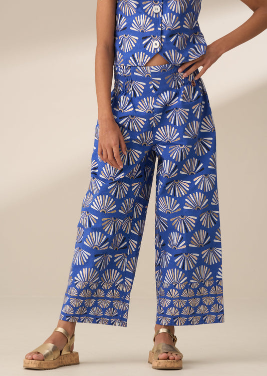 Girls Blue Print Linen Wide Leg Summer Trousers | Angel & Rocket
