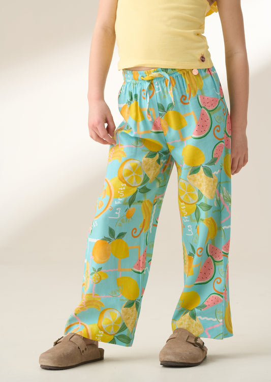Girls Blue Fruit Print Trousers | Angel & Rocket