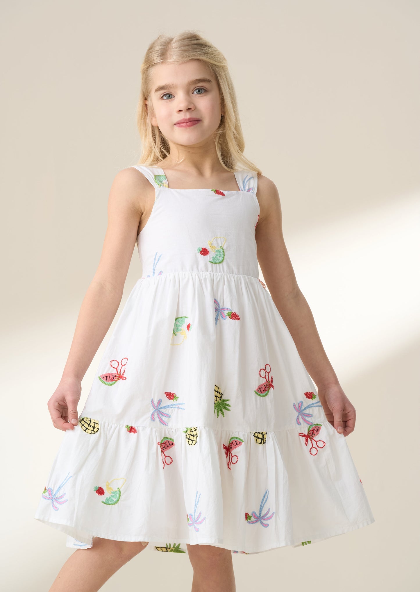 Girls White Fruit Print Embroidered Summer Dress | Angel & Rocket