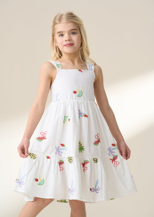 Girls White Fruit Print Embroidered Summer Dress | Angel & Rocket