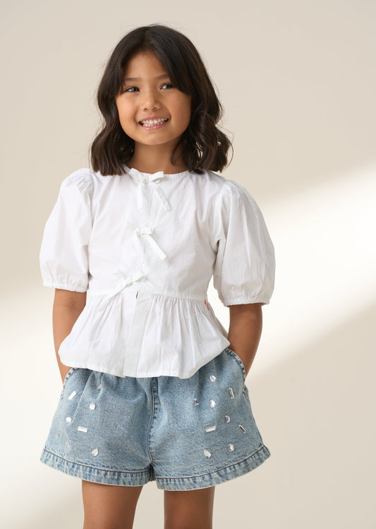 Girls White Poplin Tie Front Top | Angel & Rocket