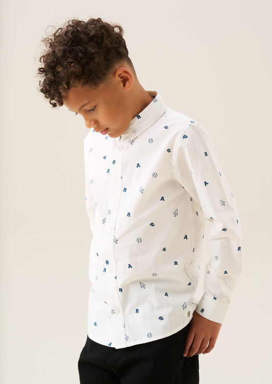 Boys White Printed Cotton Party Shirt | Angel & Rocket