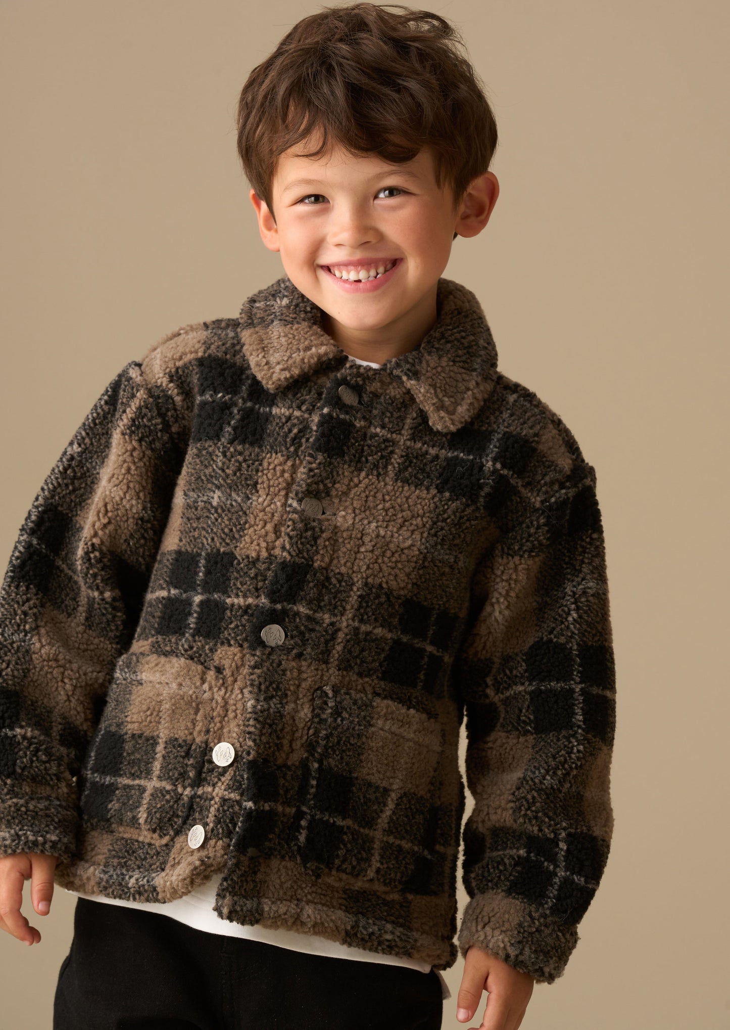 Boys Brown Check Sherpa Fleece Shacket | Angel & Rocket