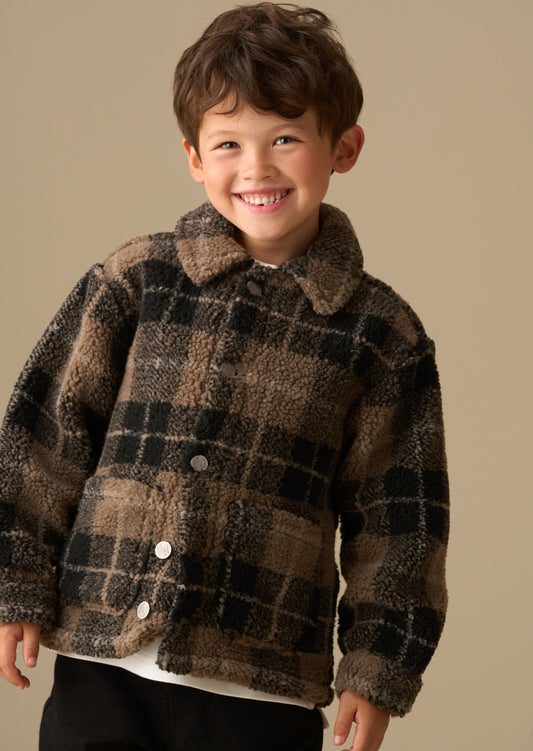 Boys Brown Check Sherpa Fleece Shacket | Angel & Rocket