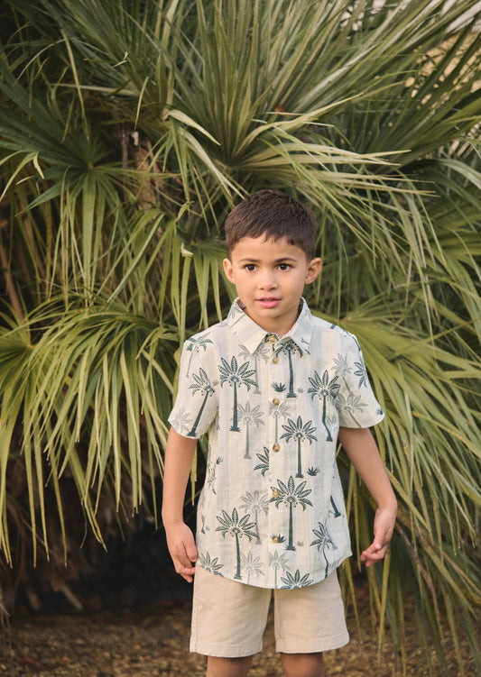 Boys Blue Palm Print SS Holiday Shirt | Angel & Rocket