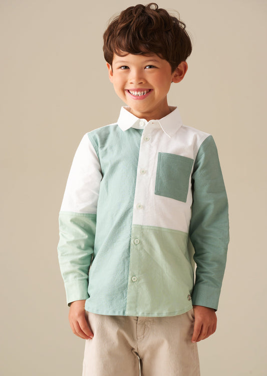 Boys Sage Green Colour Block Oxford Shirt | Angel & Rocket