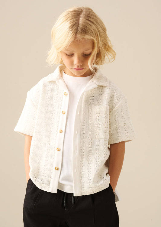 Boys Cream Crochet Embroidered Summer Shirt | Angel & Rocket
