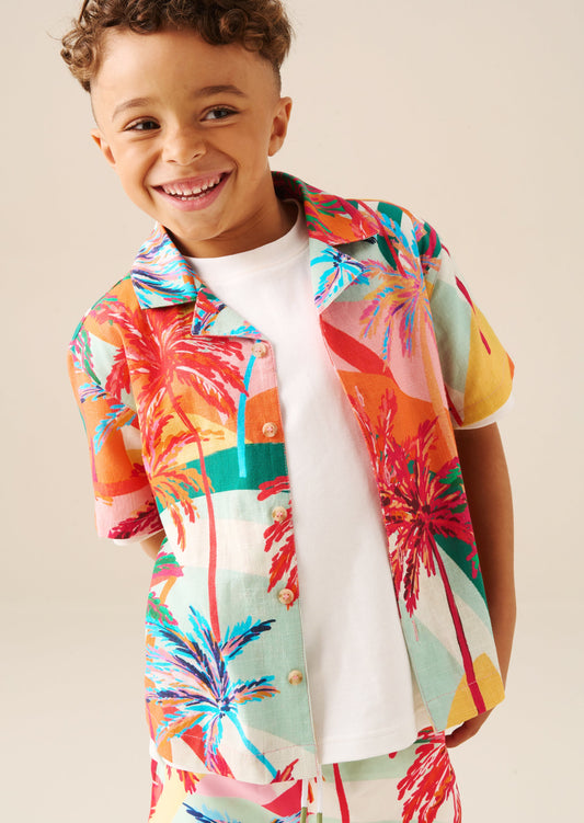 Boys Palm Print Short Sleeve Holiday Shirt | Angel & Rocket
