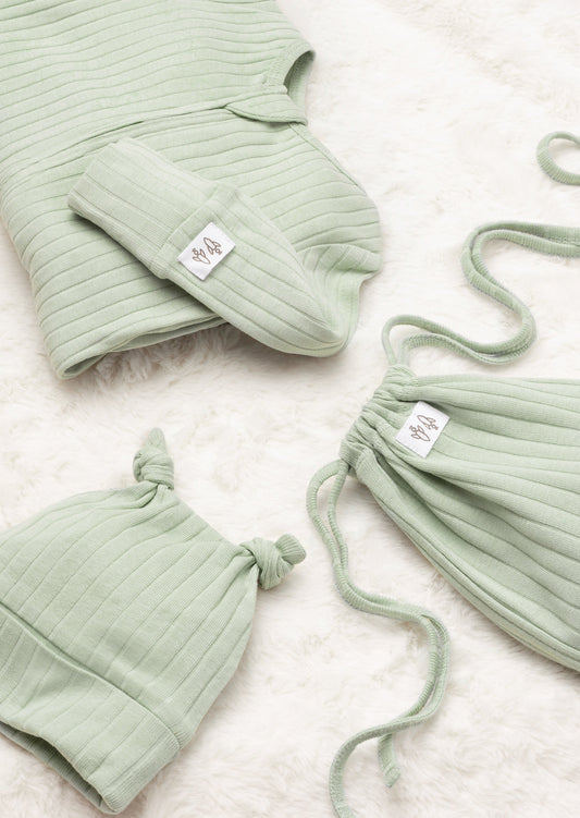 Sage Organic Cotton Babygrow With Hat | Angel & Rocket