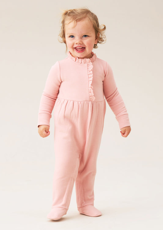 Baby Girls Pink Broderie Trim Sweat Onesie | Angel & Rocket