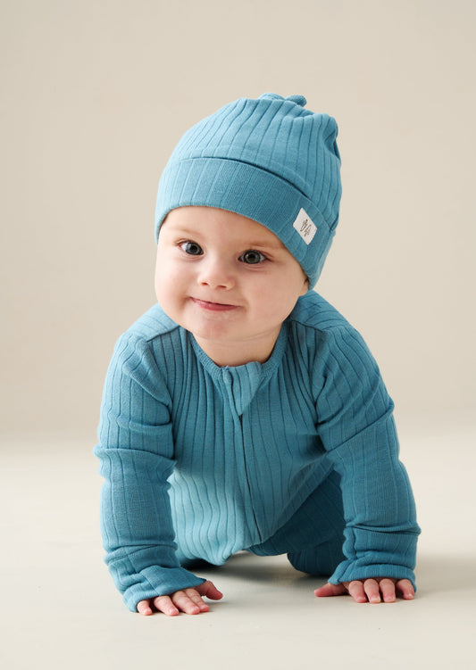Blue Organic Cotton Babygrow with Hat | Angel & Rocket