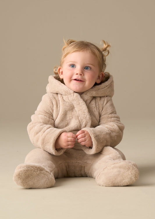 Baby Faux Fur Pramsuit with Teddy Bear Hood | Angel & Rocket
