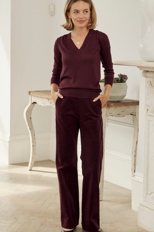 Aspiga Ladies Sustainable Juliette Stretch Corduroy Cotton Trousers Burgundy Co-ord Autumn Winter Graduation Co-ord
