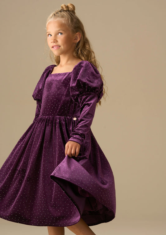 Girls Purple Velvet Diamonte Party Dress | Angel & Rocket