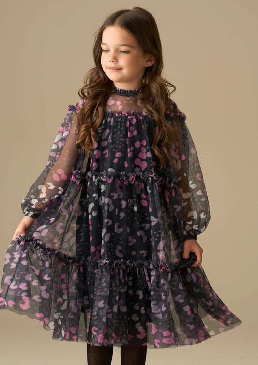 Girls Navy Print Mesh Dress | Angel & Rocket