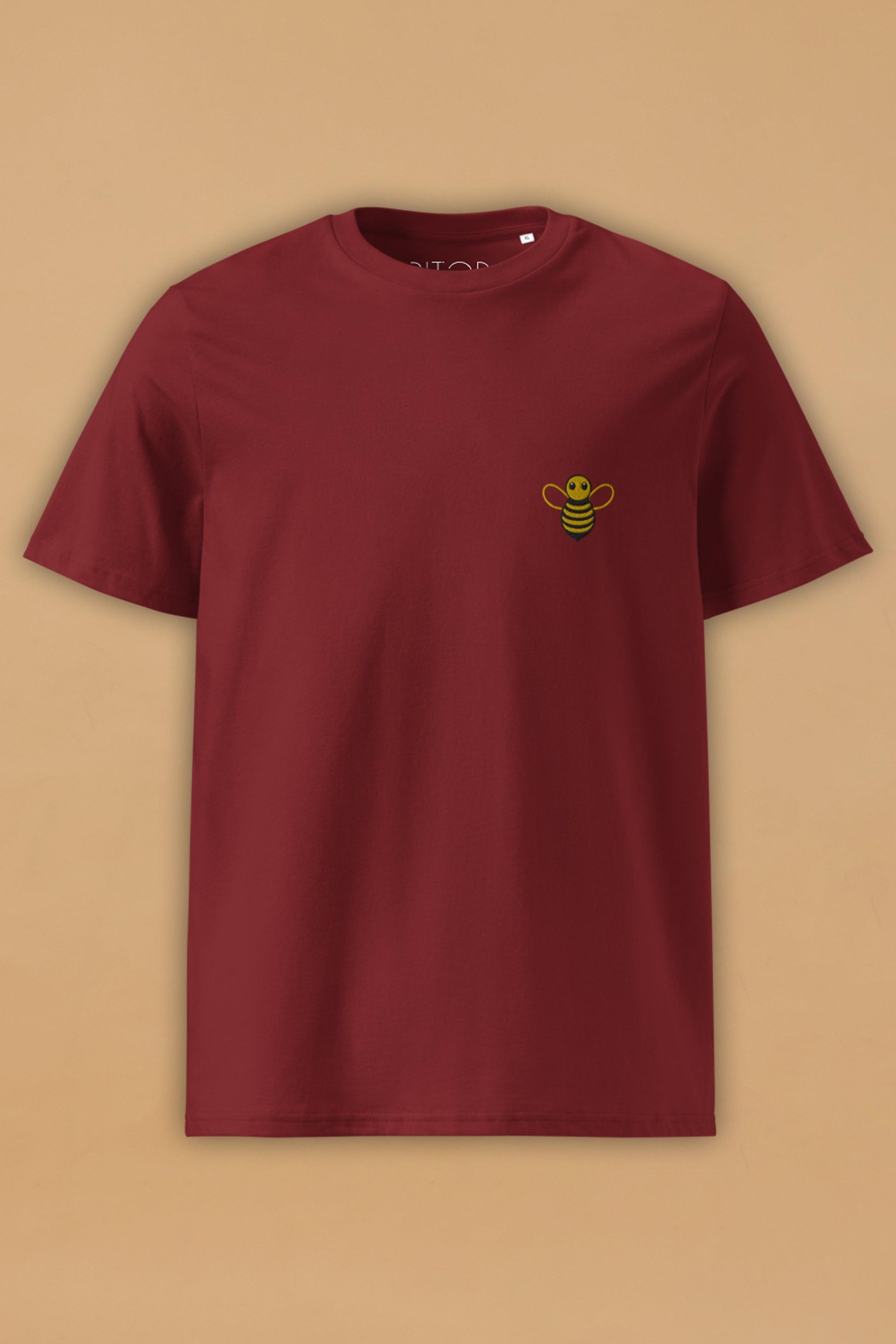 Embroidered Bee Burgundy Organic Cotton T-Shirt – Unisex