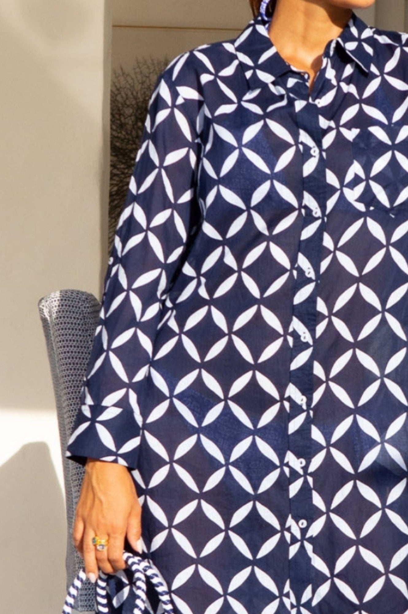 Aspiga Ladies Sustainable Saffron Organic Cotton Beach Printed Summer Shirt Navy Blue White
