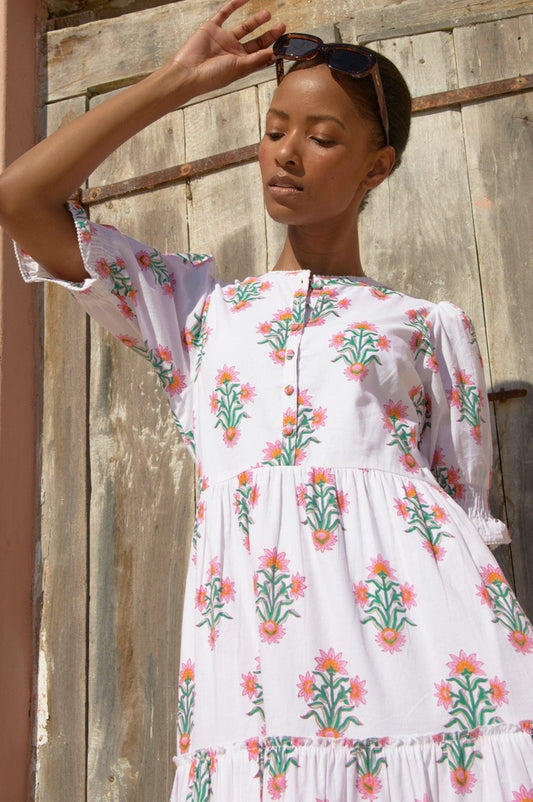 Aspiga Ladies Sustainable Cordelia Block Print Cotton Summer Wedding Guest Evening Dress Floral Pink Green