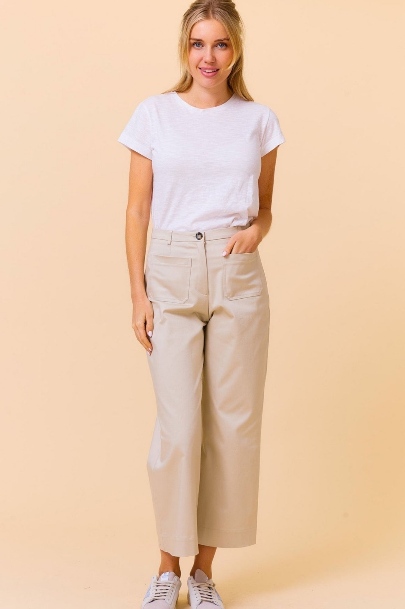 Aspiga Ladies Sustainable Kendal Stretch Cotton Sateen Trouser Wide Leg Taupe Cream
