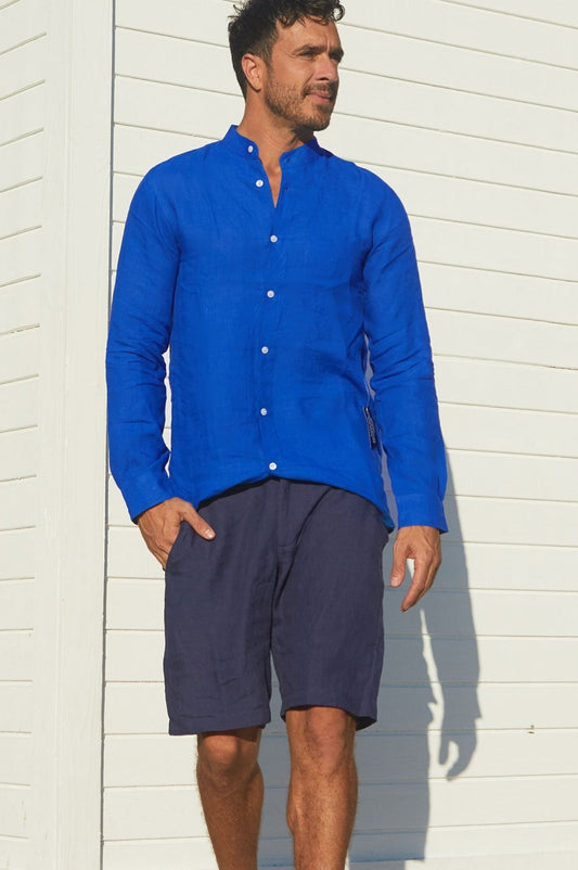 Aspiga Men's Sustainable Linen Nehru Collar Premium Linen Shirt Cobalt Blue Summer Holiday