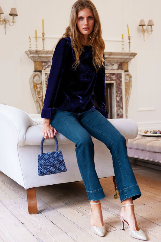 Aspiga Sustainable Ladies Mid-rise Kick Flare Jeans Washed Dark Blue Denim