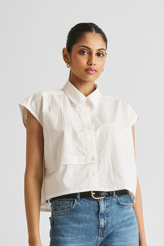 Oversized Embroidered Panel Crop Top in White