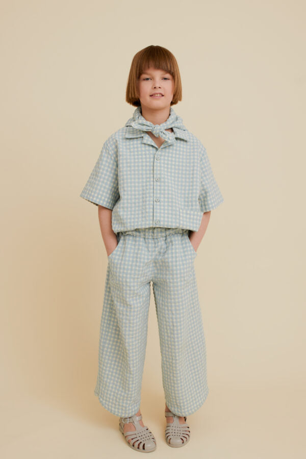 CHECK WIDE-LEG PANTS LIGHT BLUE
