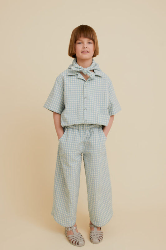 CHECK WIDE-LEG PANTS LIGHT BLUE