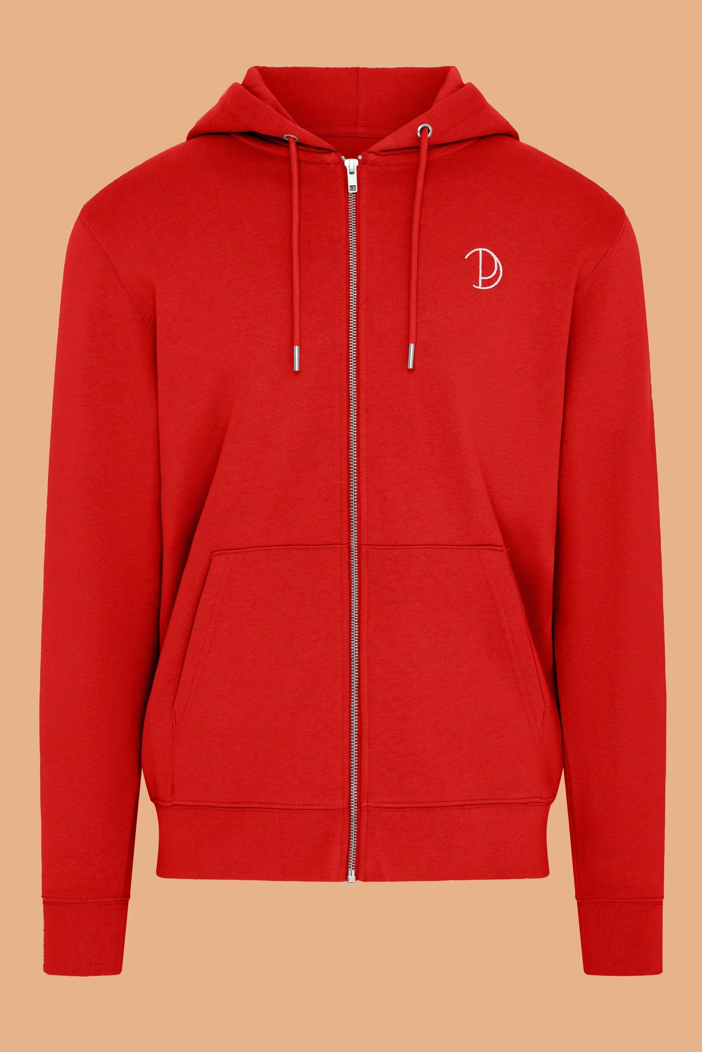 Embroidered P Zip-Up Red Organic Cotton Hoodie – Unisex