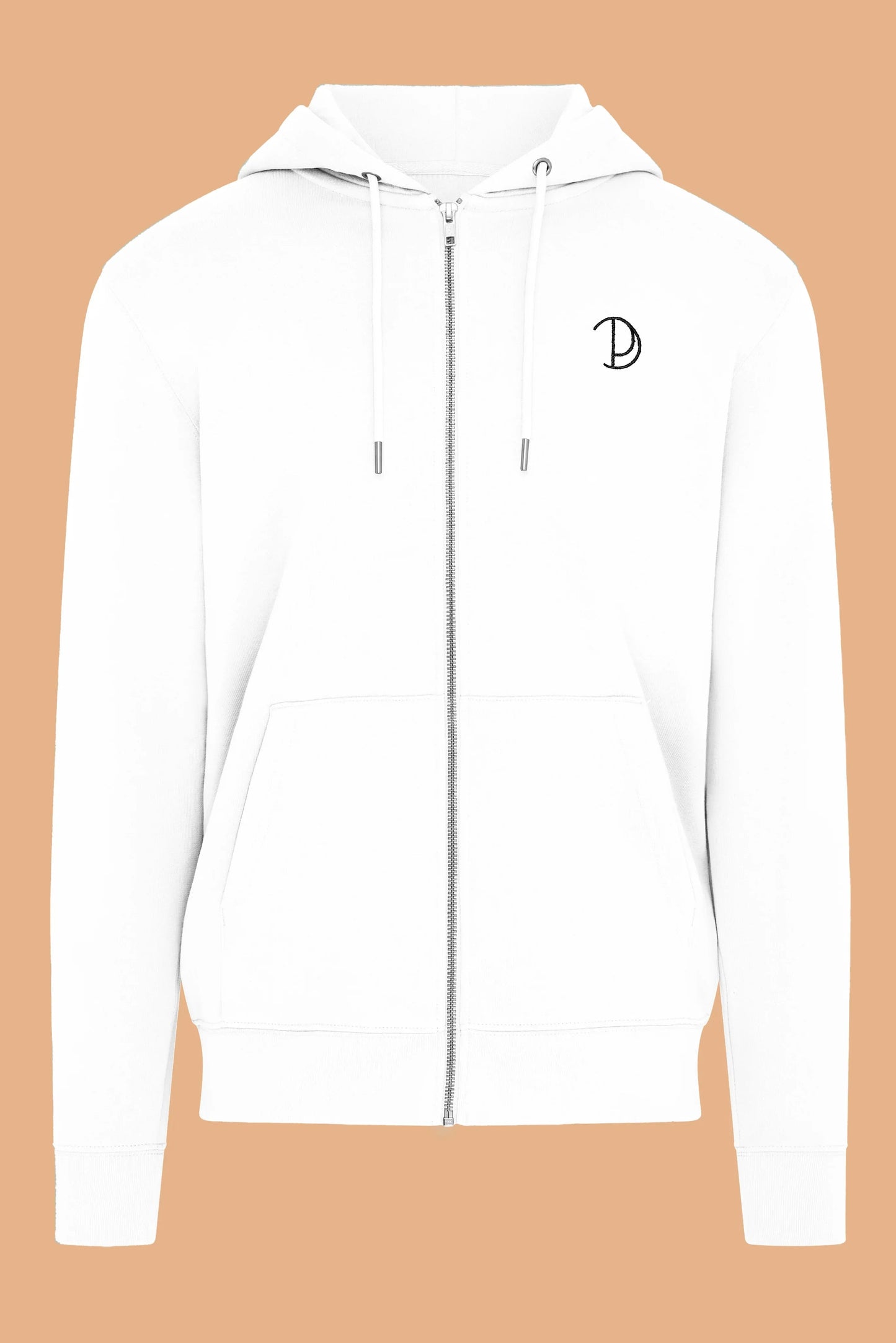 Embroidered P Zip-Up White Organic Cotton Hoodie – Unisex