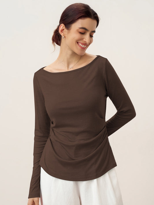 Wool Side Ruched Boat Neck Stretch Top VIVIEN - Espresso