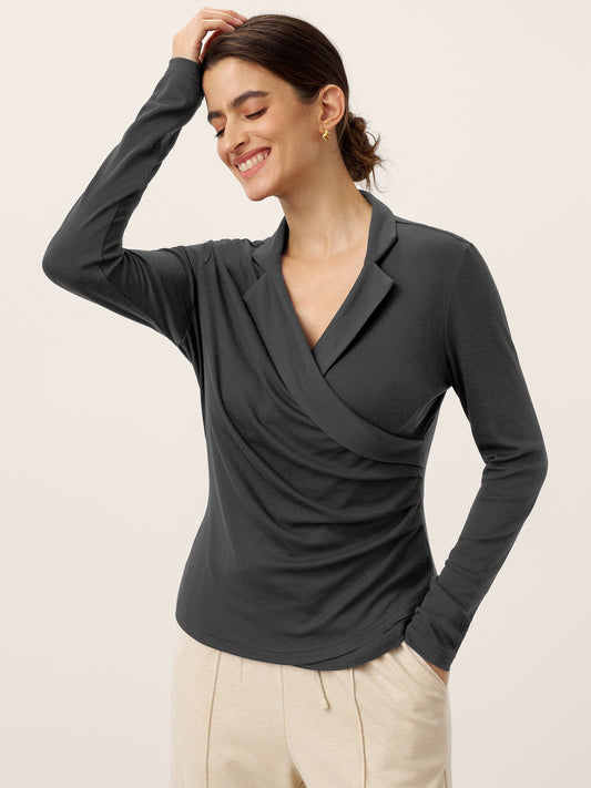 Wool Asymmetric Side Ruched Stretch Top BRIONY - Heather Black