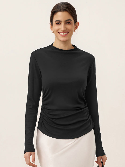 Wool Mock Neck Waist Pleat Top ISOLDE - Black