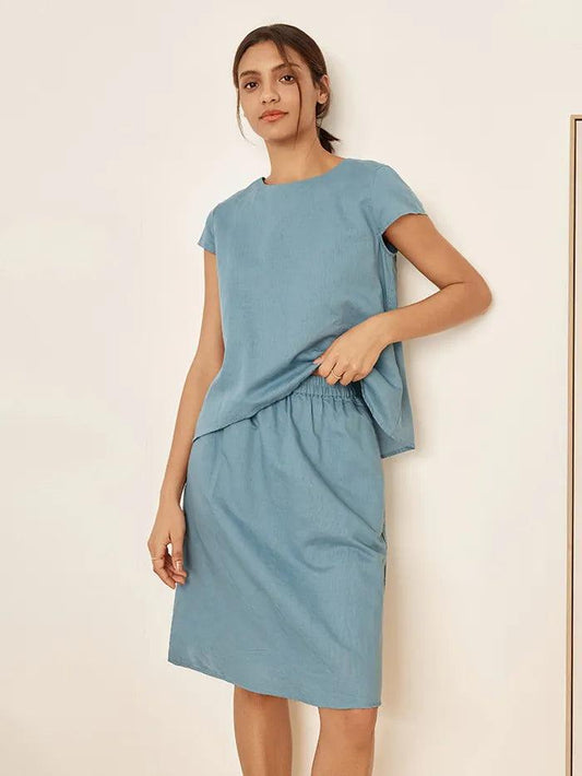 Linen Blend Cap Sleeve Top And Pencil Skirt Set VEDA - Powder Blue