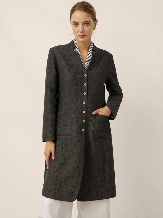 Linen Mandarin Collar Button-Up Long Shirt Jacket JORDAN - Smoky Quartz