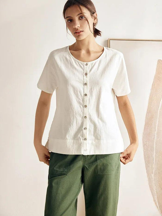 Linen Wide Short-Sleeved Top SERAPHINA - Off White