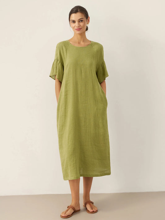 Linen Round Neck Flutter Sleeve Maxi Dress WINNIE - Olive Moss