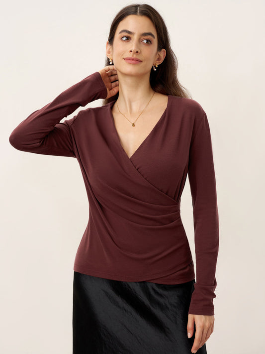 Wool Lyocell Asymmetric Ruched Overlap V-Neck Top TILLY - Maroon