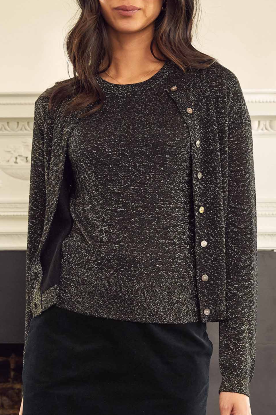 Aspiga Ladies Sustainable Metallic Knit Round Neck Cardigan Viscose Black Gold