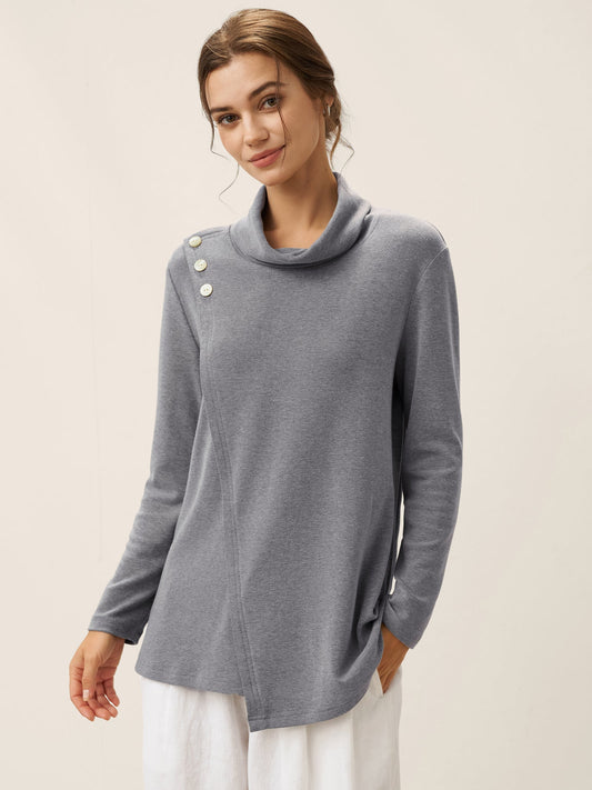 Lenzing Modal® Mock Neck Buttoned Stretch Top ZARIA - Neutral Grey